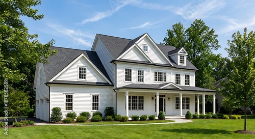 Beautiful white two-story house with large front porch and green lawn
