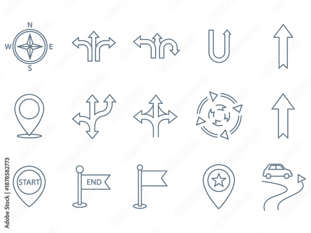 Fototapeta premium A grid of 15 line art icons related to navigation direction and mapping