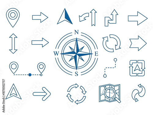A collection of blue navigation and map icons featuring location pins arrows a compass rose and route diagrams