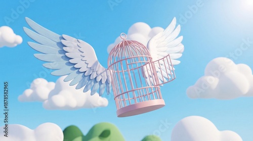 Birdcage with angel wings flying freely through a bright blue sky with soft clouds and green hills below, symbolizing freedom and escape