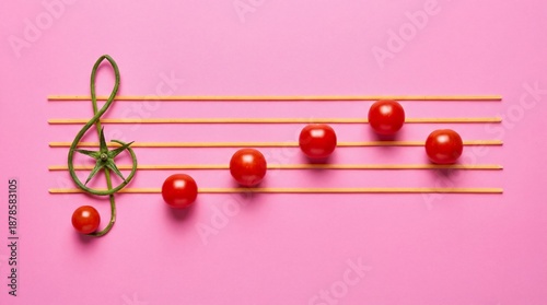 Creative composition of music notes and cherry tomatoes pasta staff against pink background