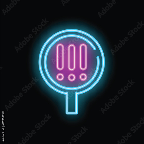 Vibrant neon icon of a magnifying glass focusing on three exclamation marks, signifying an important discovery or investigation
