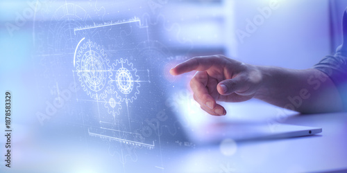 Fotografie Man presses holographic gears icon