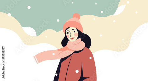 Charming retro vintage flat illustration of a young woman enjoying a tranquil snowy winter scene, warmly dressed in a stylish beanie and scarf amidst soft falling flakes