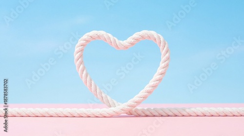 Heart shape made from rope against a soft blue sky and pink surface, symbol of love and romance