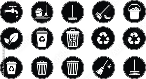Black Circular Cleaning and Recycling Icons Set with Household Tools, Waste Bins, and Eco Symbols Vector Illustration