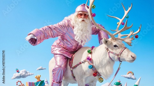 Modern pink santa claus riding a reindeer against a bright blue sky with festive decorations