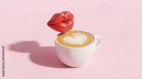 Creative still life of a cup of coffee with latte art heart topped by floating red lips pink background