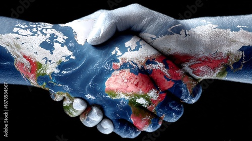 Global Partnership Hands Holding World Map on Black Background