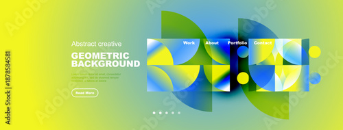 Bright geometric background features colorful shapes, text elements, navigation menu. Modern design suitable for website header or banner.