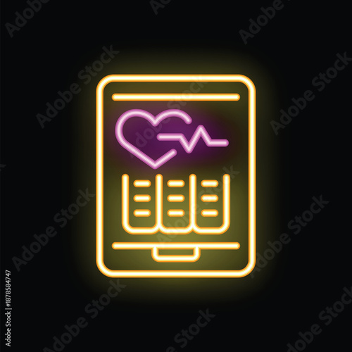 Mobile application is displaying a patient's heartbeat and medical history, highlighted with a vibrant neon effect