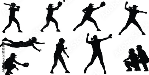 Softball Player Silhouettes Set with Female Athletes Batting Pitching Catching and Diving Actions Isolated on White Background for Sports Team Logo DesignSoftball Player 