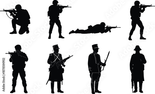 Soldier silhouette set showing modern and historical troops aiming rifles, kneeling, standing and prone poses, isolated figures on white background for military and history design
