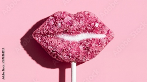Pink lips shaped candy lollipop with sugar crystals pink background