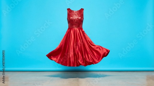Vibrant red sequin cocktail dress floating against a bright cyan blue studio background