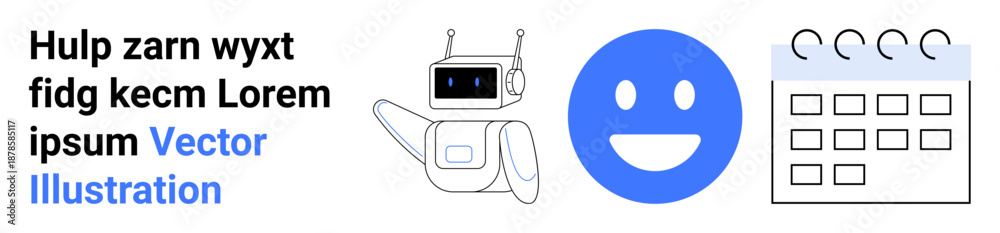 Fototapeta premium Technology, scheduling, productivity, robotics, organization, digital tools. Robot icon alongside a smiling face and calendar. Technology and scheduling concepts