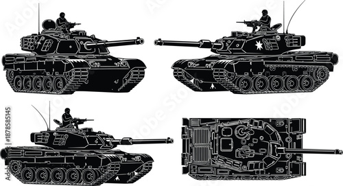 Tank illustration set showing modern battle tanks in side and top views, detailed black and white drawings for military, defense, war history and engineering design