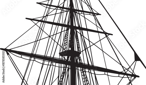 Detailed illustration of a ship's mast and rigging system