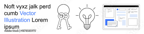 Business innovation, web design, creative ideas, cybersecurity, problem solving, content development. Graphic of keys, lightbulb and website layout. Innovation and web design concept