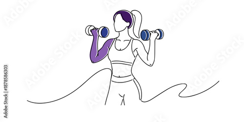 Line art illustration of a woman lifting dumbbells. Hand drawn artwork symbolizing strength training, fitness lifestyle, exercise routine, and active healthy living.