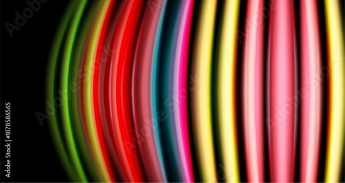 Colorful curved lines form abstract pattern. Bright hues contrast against dark background. Smooth gradients create visual depth.