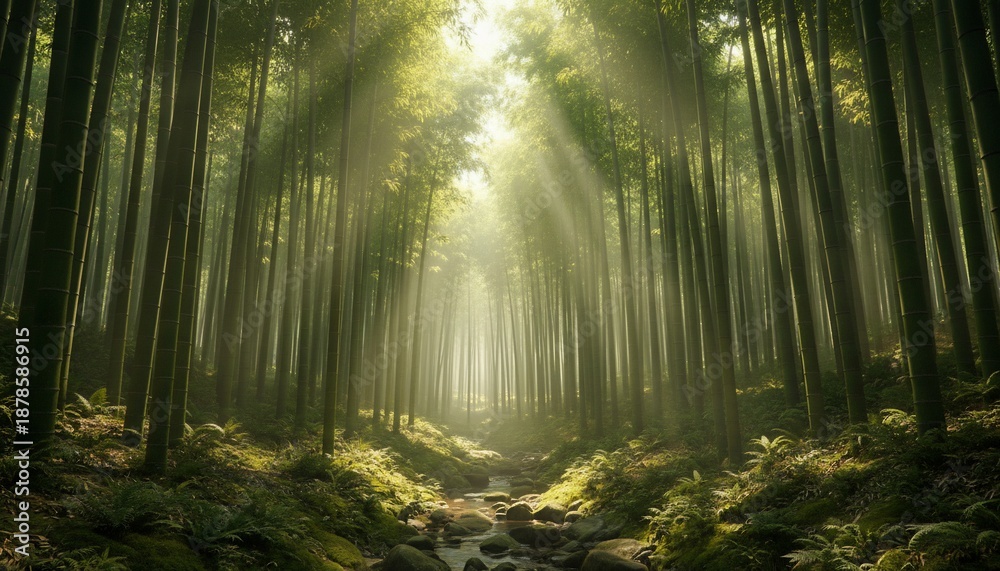 Obraz premium Sunlight streams through tall bamboo forest, creating a tranquil and ethereal atmosphere