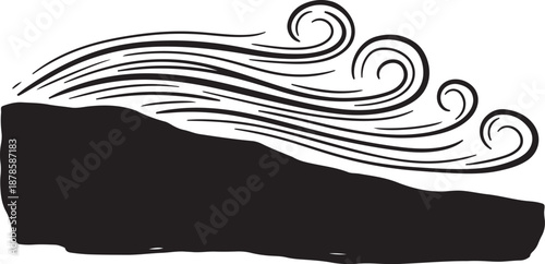 Black and white illustration of swirling wind or smoke