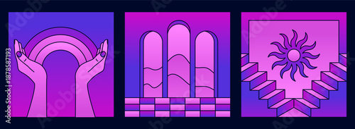 Vector abstract print design templates and covers in minimal and gradient style, magical and mystical symbols, entrances, doors and windows with steps and staircases