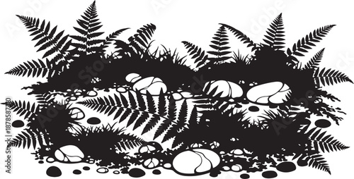 Black and white illustration of ferns and stones landscape