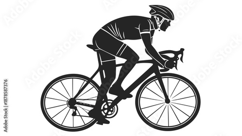 Black silhouette of a cyclist riding a bicycle with helmet and gear