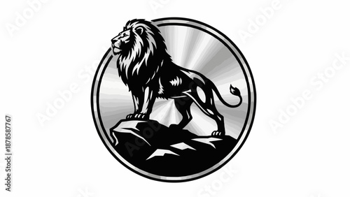 Majestic Lion Standing Proudly on Rocky Outcrop Emblem.