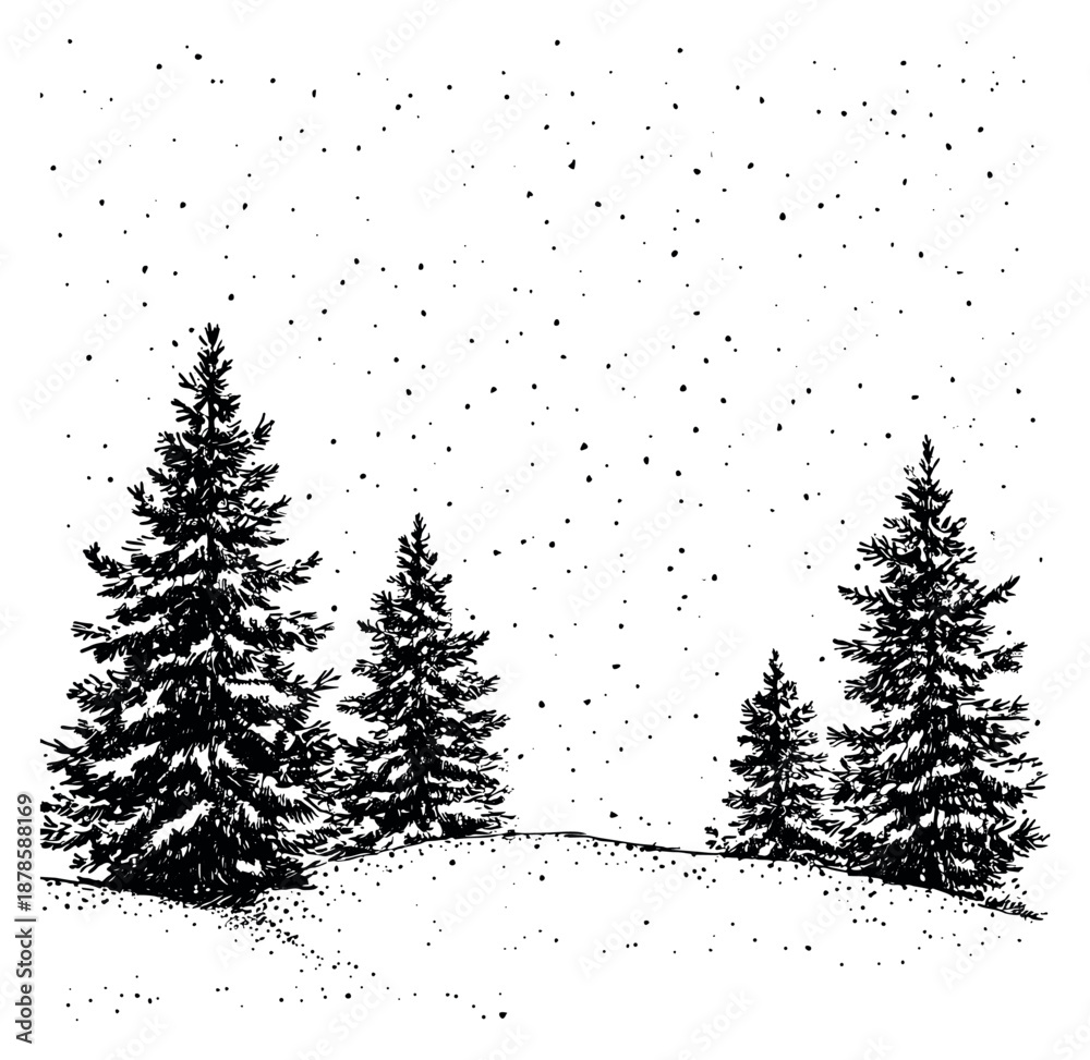 Naklejka premium Hand drawn line art illustration of a winter forest landscape depicting falling snow for holiday designs