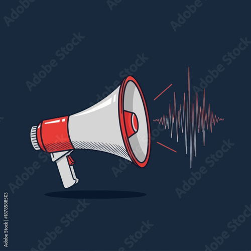 White Megaphone with Red Accents and Sound Waves.
