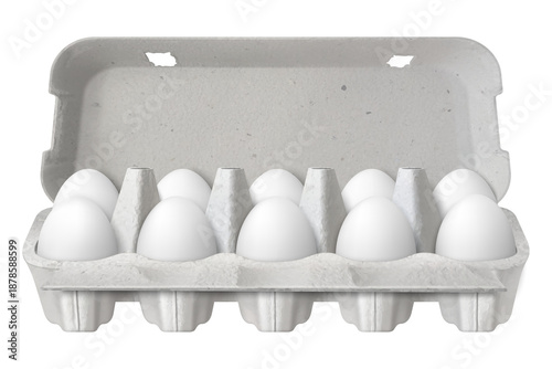 Fresh white chicken eggs in open cardboard carton box, raw organic farm ingredients for cooking breakfast isolated on transparent background