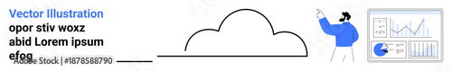 Cloud-shaped graphic with a business analyst pointing to data dashboards featuring charts and graphs. Ideal for technology, analytics, business process, presentation, education, innovation, simple