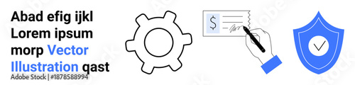 Business processes, digital security, payment authorization, financial operations, mechanics, secure transactions. Gear icon, check signing hand shield with check. Business processes and digital