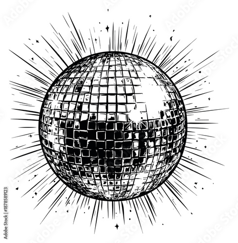 Hand drawn line art illustration of a disco ball depicting radiating light for a fun party atmosphere
