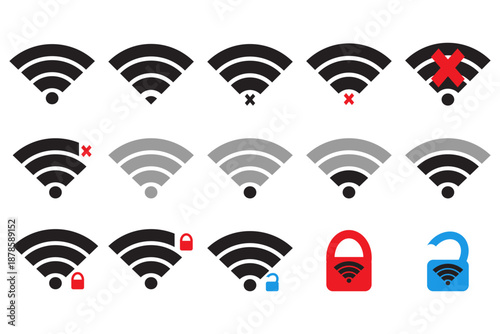 WIFI Icon Collection. Wireless icons. No Wi-Fi. Different levels of Wi Fi signals set. Vector