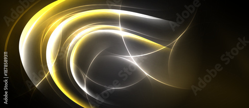 Abstract golden lines swirl, creating dynamic energy. Brightness contrasts against dark background. Smooth curves suggest movement, light.