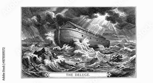 The Deluge

Noah’s Ark floating amid raging floodwaters, massive waves crashing against the vessel, rain pouring from heavy skies, drowned hills barely visible beneath the waters, divine power implied