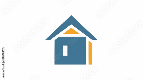 Simple Blue House Icon with Orange Accents on White Background.