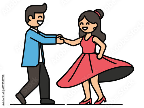 A couple joyfully dances, celebrating their spouse.  A vintage style illustration with a bright, cheerful mood. Perfect for wedding, celebration, or relationship themes.