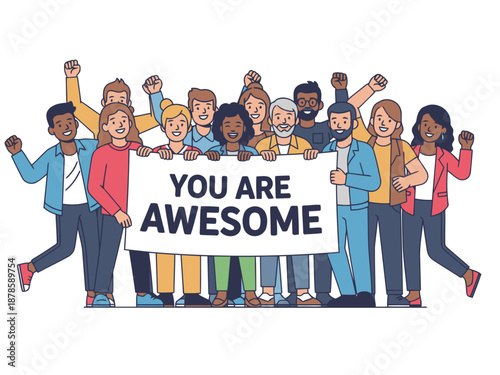 A diverse group celebrates success with a vibrant banner proclaiming 'You Are Awesome!' They pose joyfully, showcasing unity and positivity. Great for motivational content.