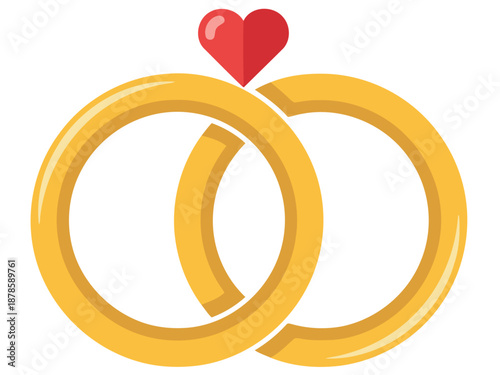 Elegant wedding rings intertwined, symbolizing love and commitment. A modern, flat design with a red heart accent. Perfect for wedding, spouse, or relationship themes.