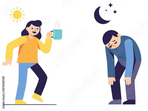Illustrates the contrasting lifestyles of a morning person enjoying a bright day versus a night person seeking rest. Dynamic, colorful, and visually engaging.