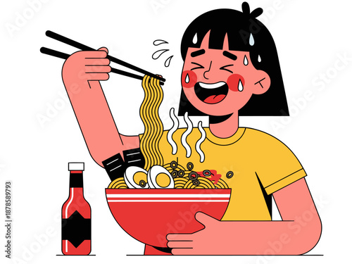 A joyful young woman celebrates with spicy ramen, sweating with delight. Vibrant colors and a playful illustration style create a fun, commercial image.