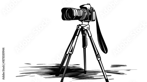 Camera on tripod illustration black white.