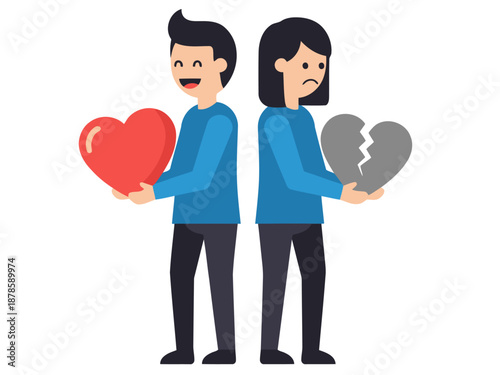 Two figures represent optimism and pessimism. One holds a heart, the other a broken heart. Illustrative, symbolic, contrasting emotions. Suitable for business, relationships, psychology concepts.