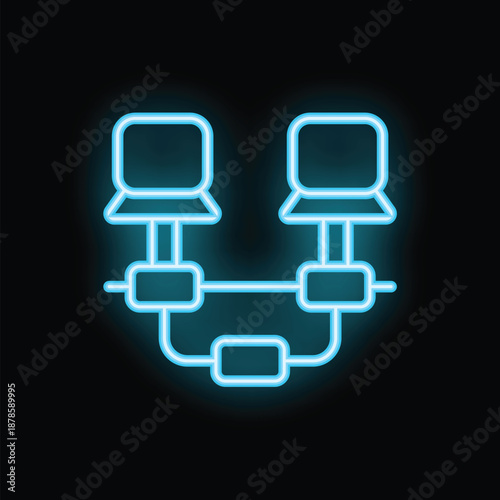 Glowing neon blue local area network icon illustrating computer connection on a black background