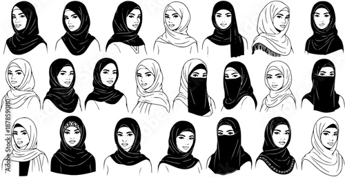 Black and white line art illustration of diverse Muslim women portraits wearing various hijabs and niqabs, representing culture and identity.